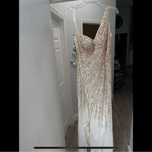 Elegant Designer White Gown with Multicolor Sequin Design